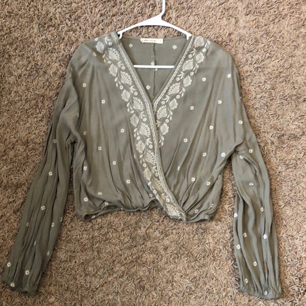 Green and beige crossed front top